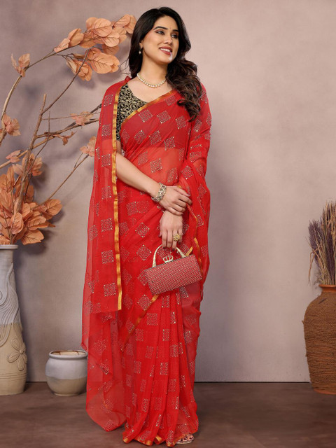 REDFISH Floral Printed Zari Border Festive Saree