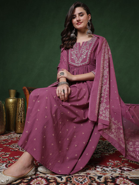 Sangria Floral Printed Pure Cotton Anarkali Kurta & Trousers With Dupatta - Image 4