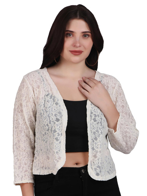 SZN Floral Self Design Cotton Open Front Shrug