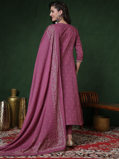 Sangria Floral Printed Pure Cotton Anarkali Kurta & Trousers With Dupatta - Image 5