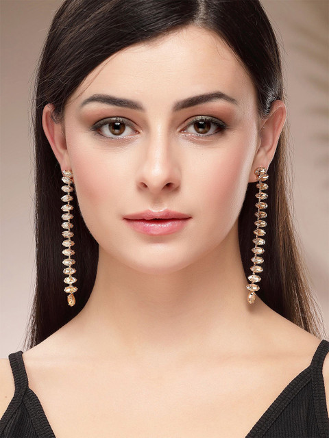 Bohey by KARATCART Gold Plated Rhinestone Studded Oval Shaped Drop Earrings - Image 4