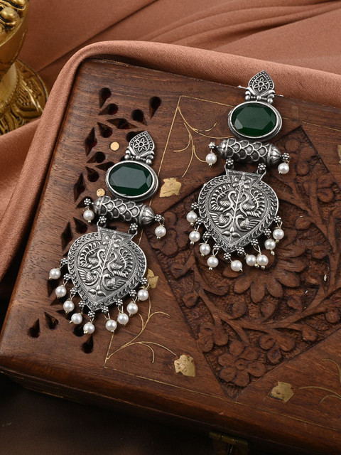 VENI 92.5 Silver Plated Artificial Stones Studded & Beaded Oxidised Oval Drop Earrings