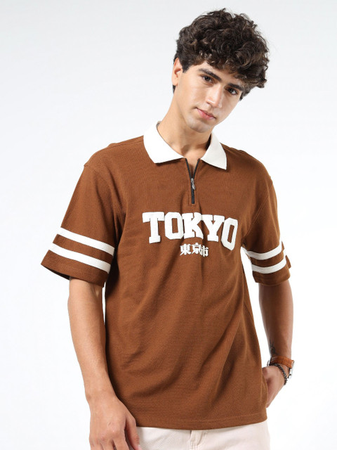 glitchez Men Typography Printed Polo Collar Relaxed Fit T-shirt