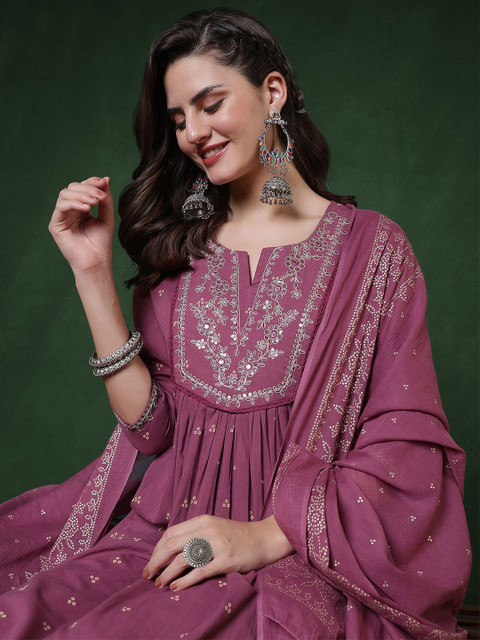 Sangria Floral Printed Pure Cotton Anarkali Kurta & Trousers With Dupatta - Image 6