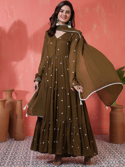 Sangria Women Embroidered Pure Cotton Anarkali Kurta & Palazzo With Dupatta