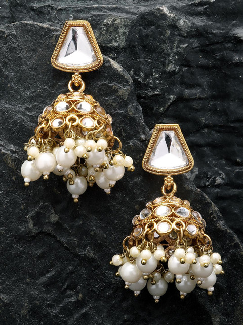 ZENEME Gold-Plated Kundan Studded & Artificial Beaded Dome Shaped Jhumkas