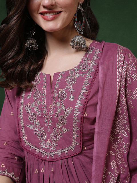 Sangria Floral Printed Pure Cotton Anarkali Kurta & Trousers With Dupatta - Image 2