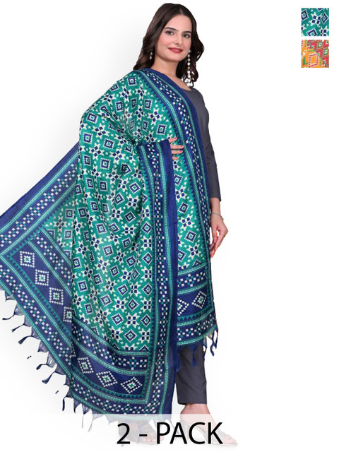 Kemza Selection Of 2 Elegant Patola Cotton Silk Dupatta with Tassels