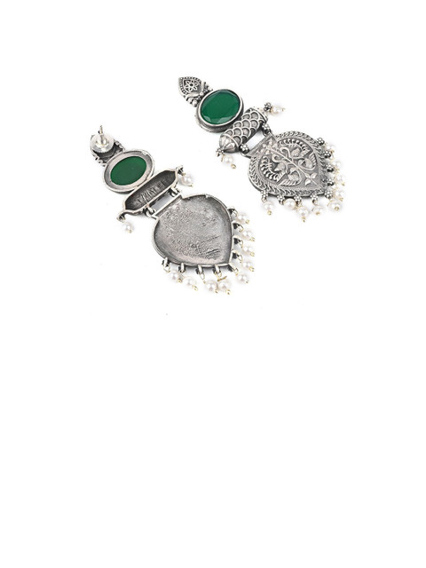 VENI 92.5 Silver Plated Artificial Stones Studded & Beaded Oxidised Oval Drop Earrings - Image 3