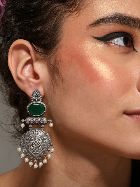 VENI 92.5 Silver Plated Artificial Stones Studded & Beaded Oxidised Oval Drop Earrings - Image 6