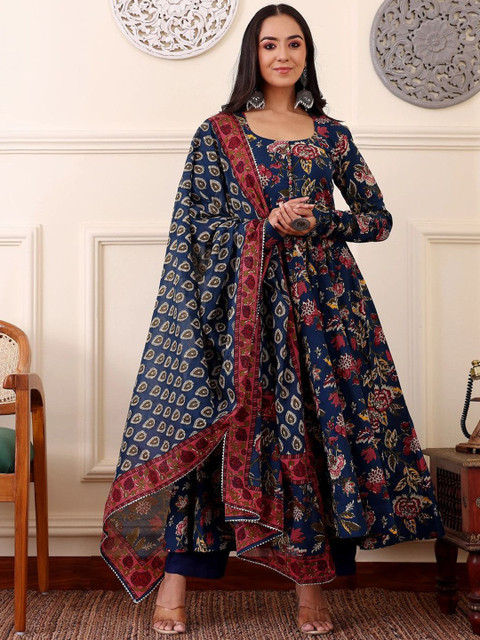 ARADHNA Women Ethnic Motifs Printed Anarkali Kurta with Trouser & Dupatta - Image 3
