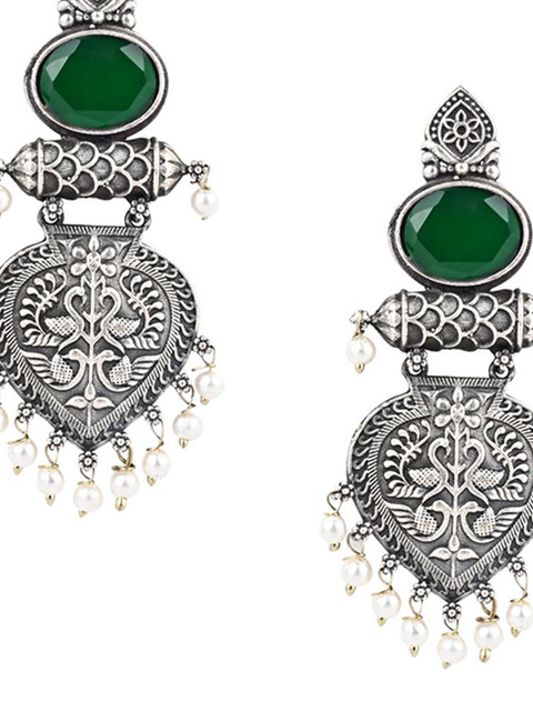 VENI 92.5 Silver Plated Artificial Stones Studded & Beaded Oxidised Oval Drop Earrings - Image 4