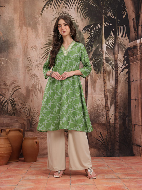Sangria Floral Printed Gotta Patti Detail V-Neck Festive A-Line Kurta - Image 3