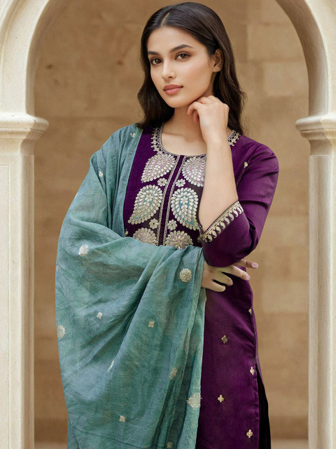 SANISA Floral Embroidered Thread Work Straight Kurta With Trousers & Dupatta