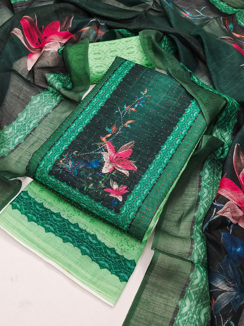 TAVAS Printed Linen Embellished Unstitched Dress Material