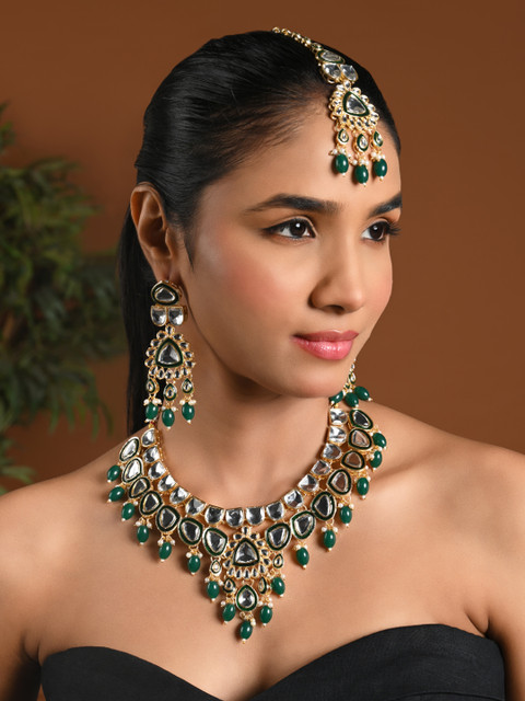 I Jewels Gold-Plated Kundan-Studded & Beaded Necklace & Earrings With Maang Tika