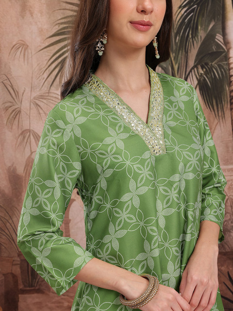 Sangria Floral Printed Gotta Patti Detail V-Neck Festive A-Line Kurta - Image 2