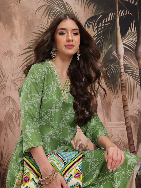 Sangria Floral Printed Gotta Patti Detail V-Neck Festive A-Line Kurta