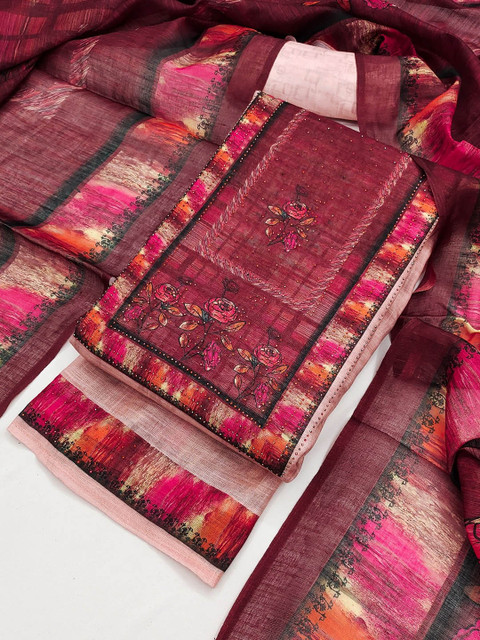 TAVAS Floral Printed Linen Unstitched Dress Material