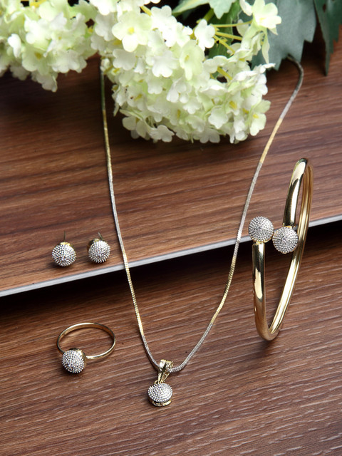 ZENEME Gold Plated American Diamond Studded pendant earring Bracelet with ring Set