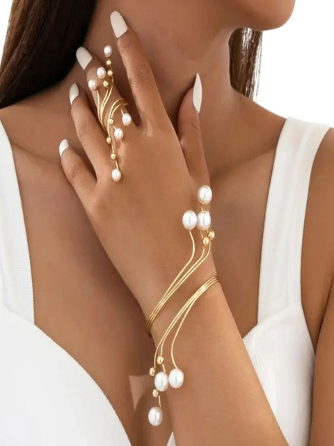 ROYAL NEEDS Pearls Studded Cuff Bracelet With Finger Ring