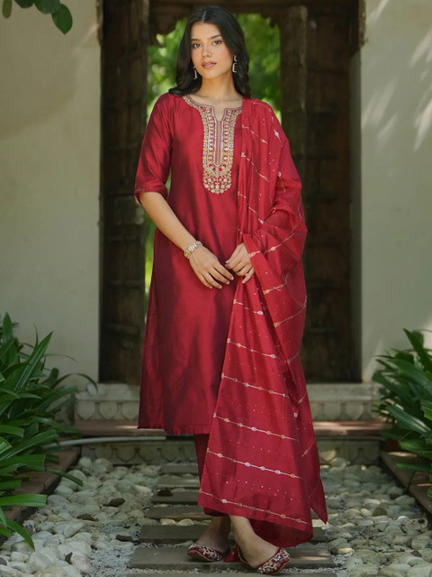 Gerua By Libas Floral Embroidered Straight Sequinned Kurta With Trousers & Dupatta