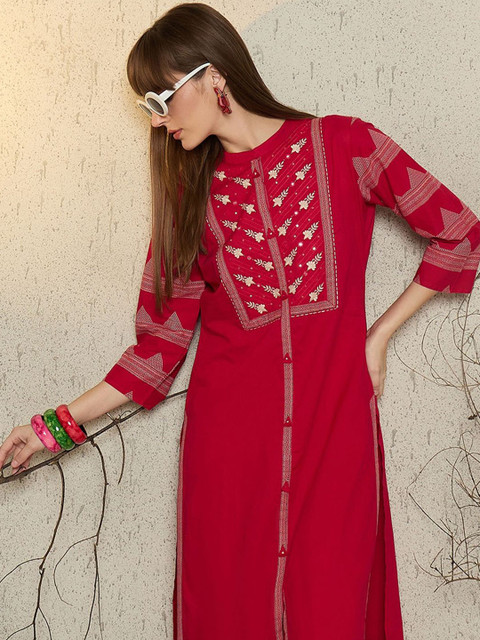 Indo Era Women Printed Mandarin Collar Cotton Top and Trousers Co-Ords