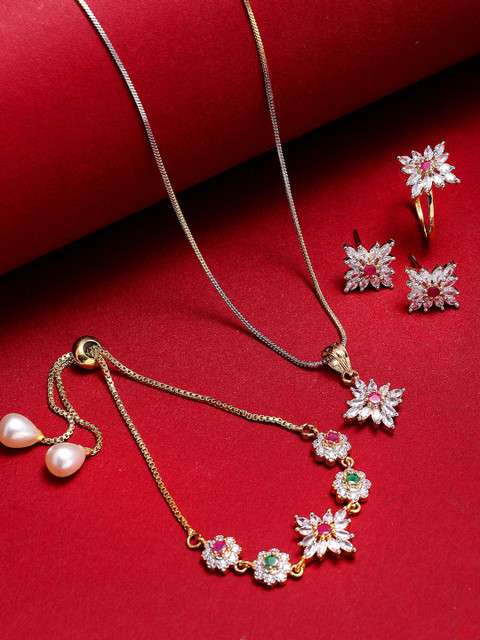 ZENEME Gold-plated Asscher Shaped American Diamond Studded Pendant Set