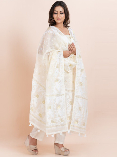 Durga Handlooms Jamdani Woven Design Zari Pure Cotton Unstitched Kurti Material with Dupatta - Image 2