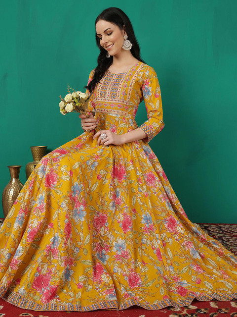 WOMENCLICK Floral Printed Round Neck Anarkali Kurta