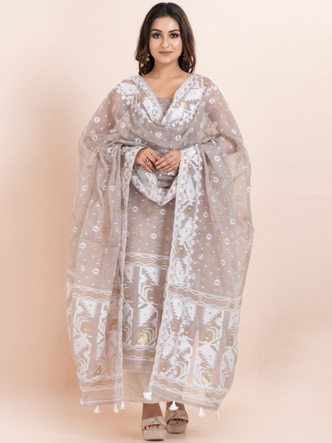 Durga Handlooms Jamdani Unstitched Woven Design Zari Pure Cotton Kurti with Dupatta