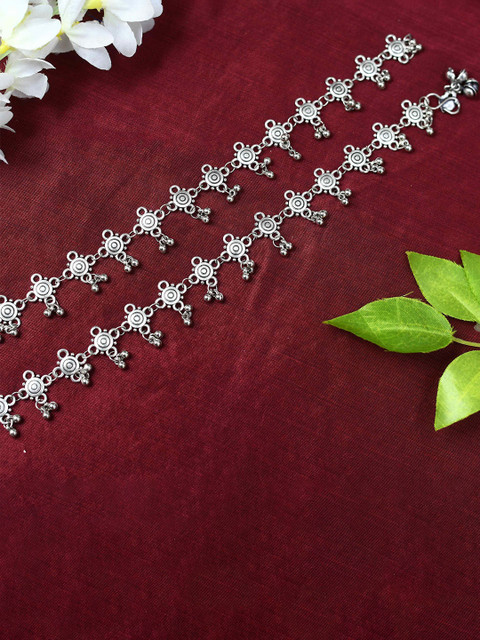 JOHARKAMAL Silver-Plated Ghungroo Beaded Oxidised Anklets