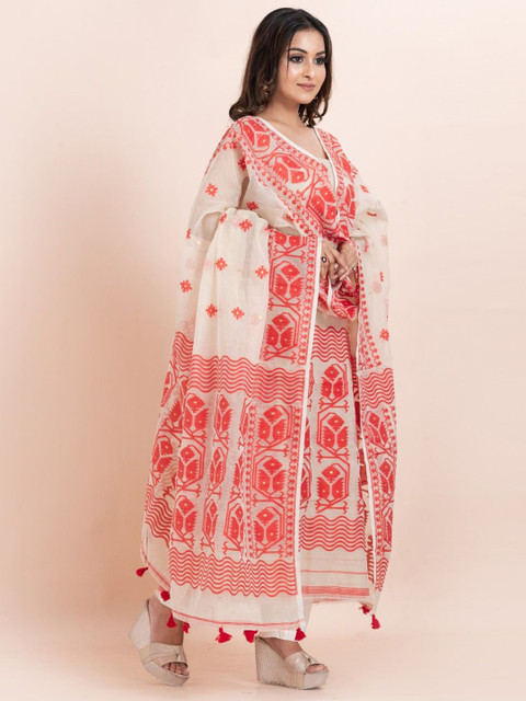 Durga Handlooms Jamdani Woven Design Zari Pure Cotton Unstitched Kurti Material with Dupatta - Image 4
