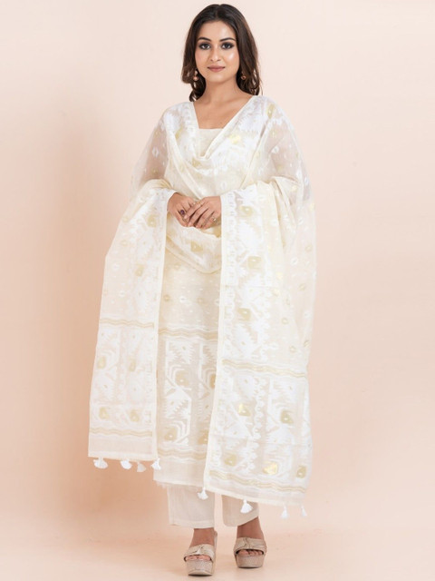 Durga Handlooms Jamdani Woven Design Zari Pure Cotton Unstitched Kurti Material with Dupatta