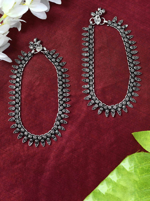 JOHARKAMAL Silver-Plated Oxidised Anklets