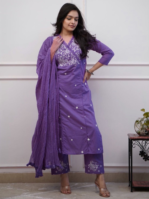 MILAAV Ethnic Motifs Embroidered Thread Work Pure Cotton Kurta with Trouser & Dupatta