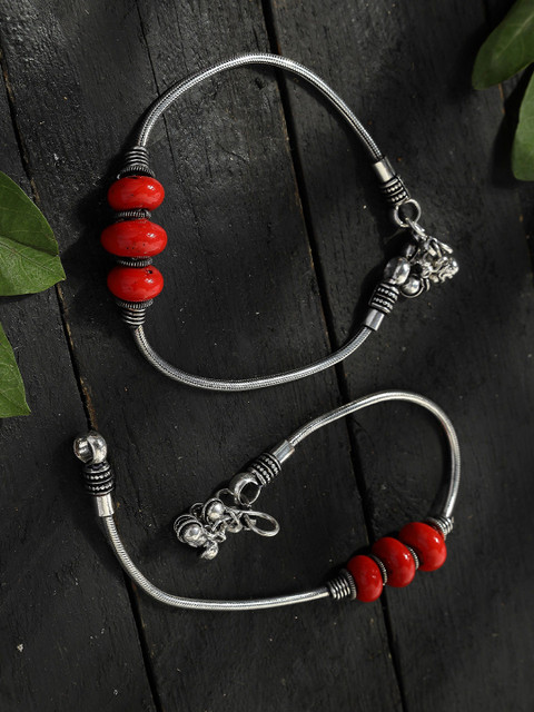 JOHARKAMAL Silver-Plated Artificial Beaded Oxidised Anklets