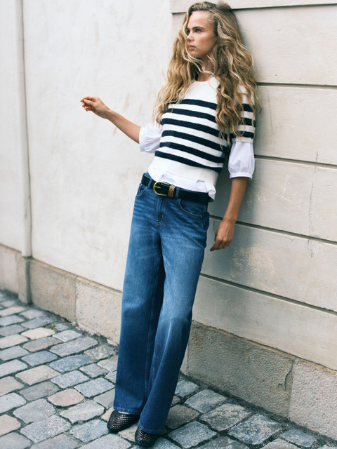 H&M Women Wide High Light Fade Cotton Jeans