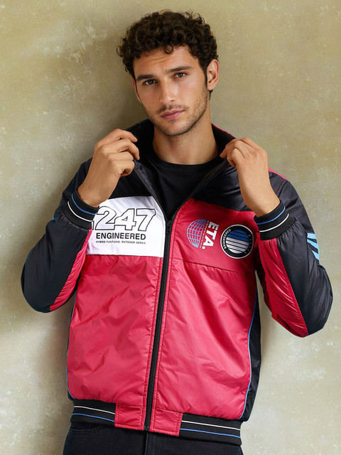 The Indian Garage Co Men Red Crop Outdoor Bomber with Patchwork Jacket