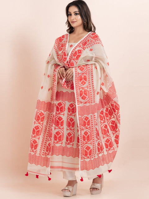 Durga Handlooms Jamdani Woven Design Zari Pure Cotton Unstitched Kurti Material with Dupatta - Image 5