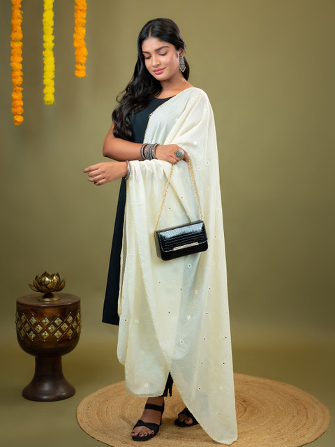 HELLA FASHIONS Floral Printed Mirror Work Chanderi Dupatta