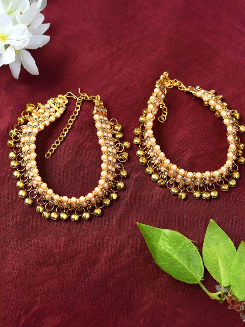 JOHARKAMAL Gold-Plated Artificial Stones Studded & Beaded Anklets