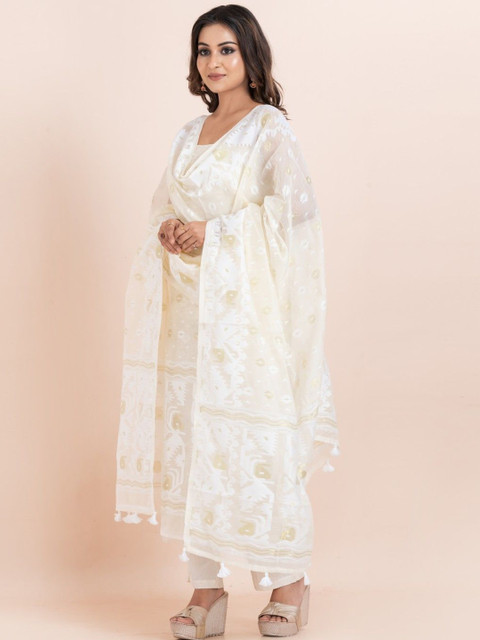 Durga Handlooms Jamdani Woven Design Zari Pure Cotton Unstitched Kurti Material with Dupatta - Image 3