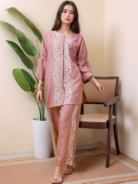 Tzelynn Women 2pcs Viscose Rayon Floral Embroidered Tunic With Palazzo