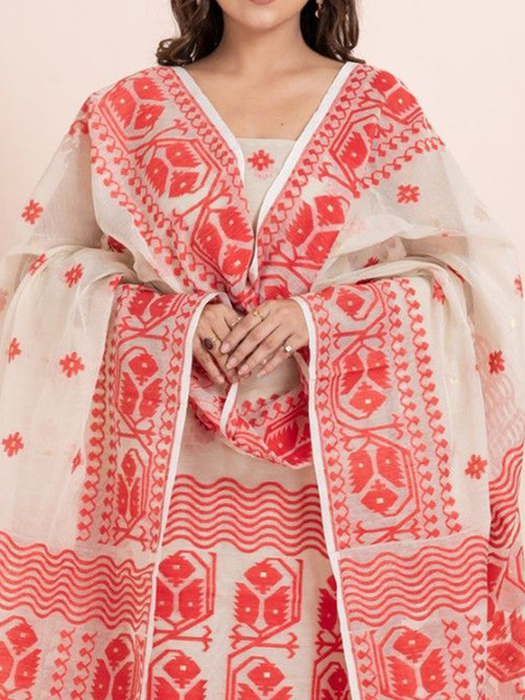 Durga Handlooms Jamdani Woven Design Zari Pure Cotton Unstitched Kurti Material with Dupatta - Image 2