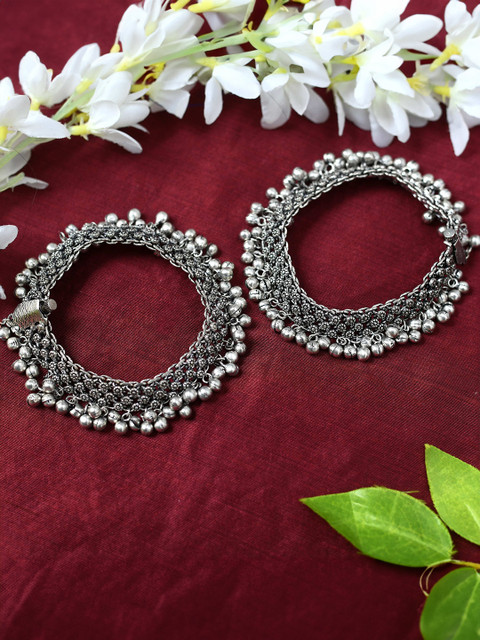 JOHARKAMAL Silver-Plated Oxidised Anklets