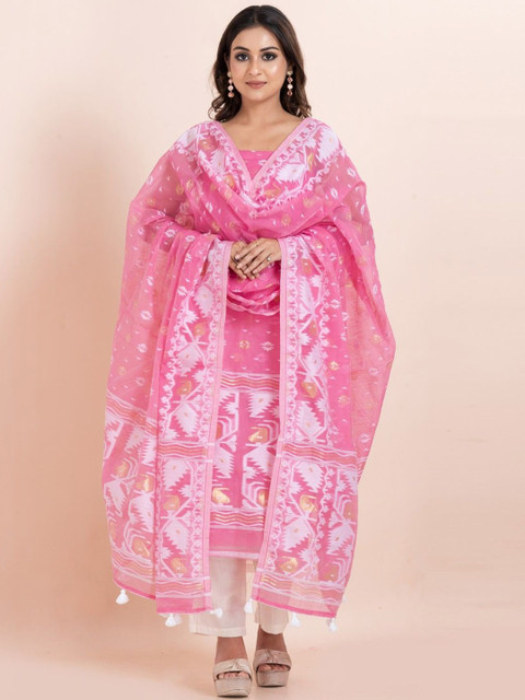 Durga Handlooms Jamdani Unstitched Woven Design Zari Pure Cotton Kurti with Dupatta