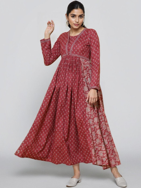 SZN Women Floral Print Cotton Pink Alia Cut Stitched Anarkali Kurta
