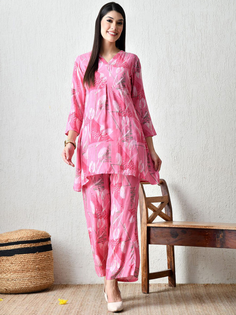 HARIKS Women Floral Printed V-Neck Tunic With Palazzos Co-Ords