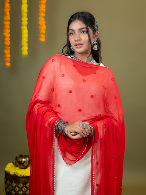 HELLA FASHIONS Floral Embroidered Mirror Work Chiffon Dupatta